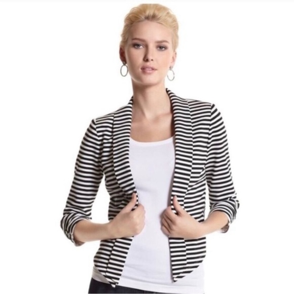 White House Black Market Black and White Striped Knit Blazer - Picture 7 of 8